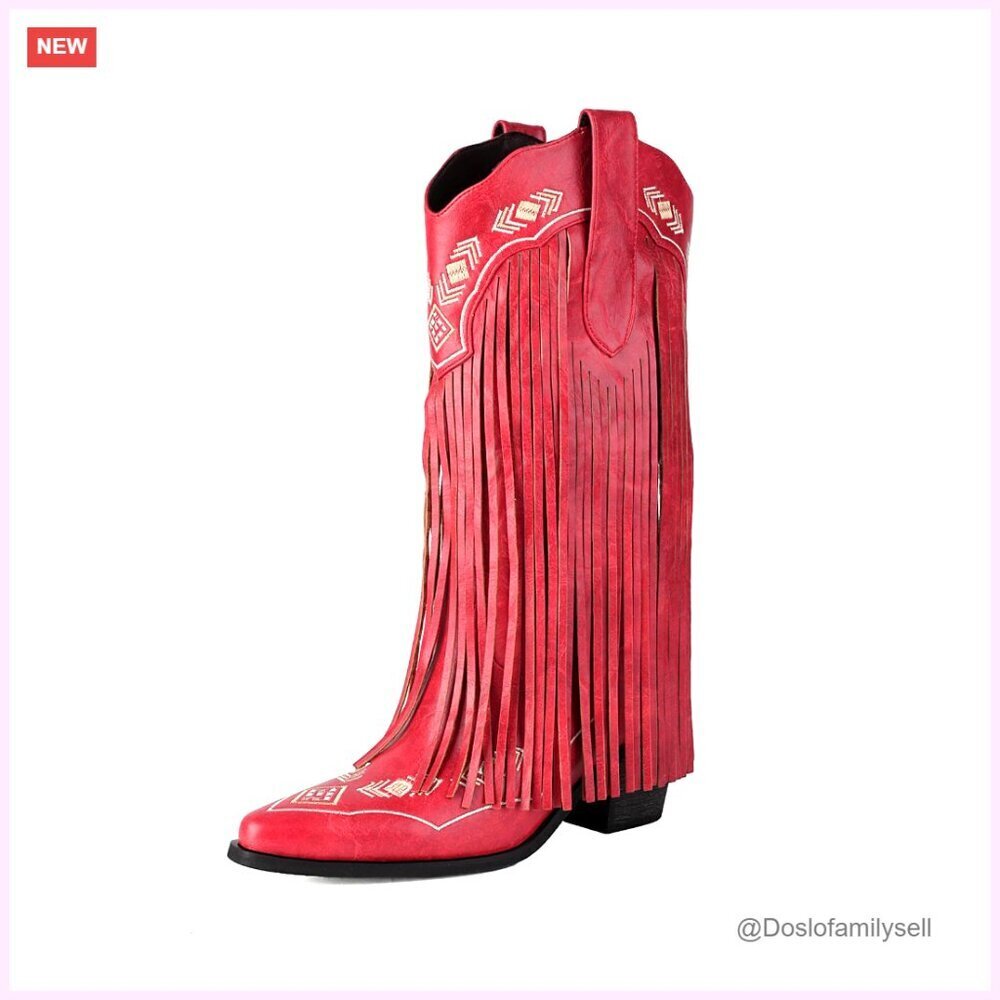 Embroidered Fringe Cowboy Boots, Pull On Mid Calf Chunky Heel Pointed Toe - Picture 1 of 7